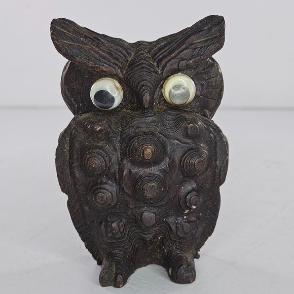 Vintage Cryptomeria Hand Carved Wooden Owl Figurine Googly Eyes Rustic - Picture 6 of 6